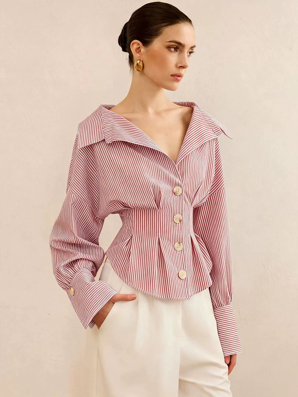 Zara Fall Striped Long Puff Sleeve Cinched Waist Lapel Top